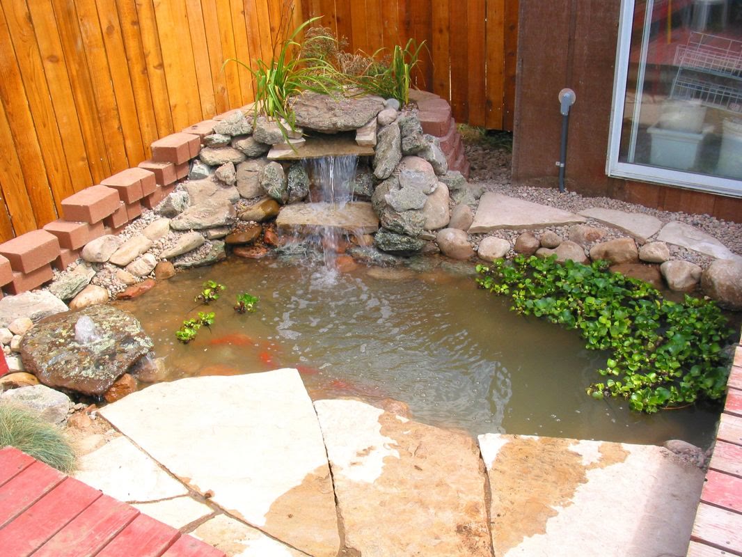 Backyard koi pond with a stacked-stone waterfall